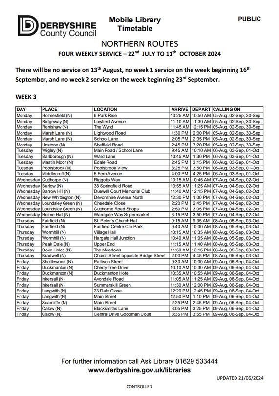 mobile library routes update july 27th to october 11th 2024