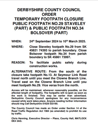 temporary public footpath closure No 29 (Part) and no 34 ( part )