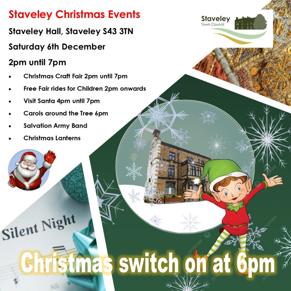 christmas advert for the lights switch on at staveley Hall 6th of december from 2pm onwards