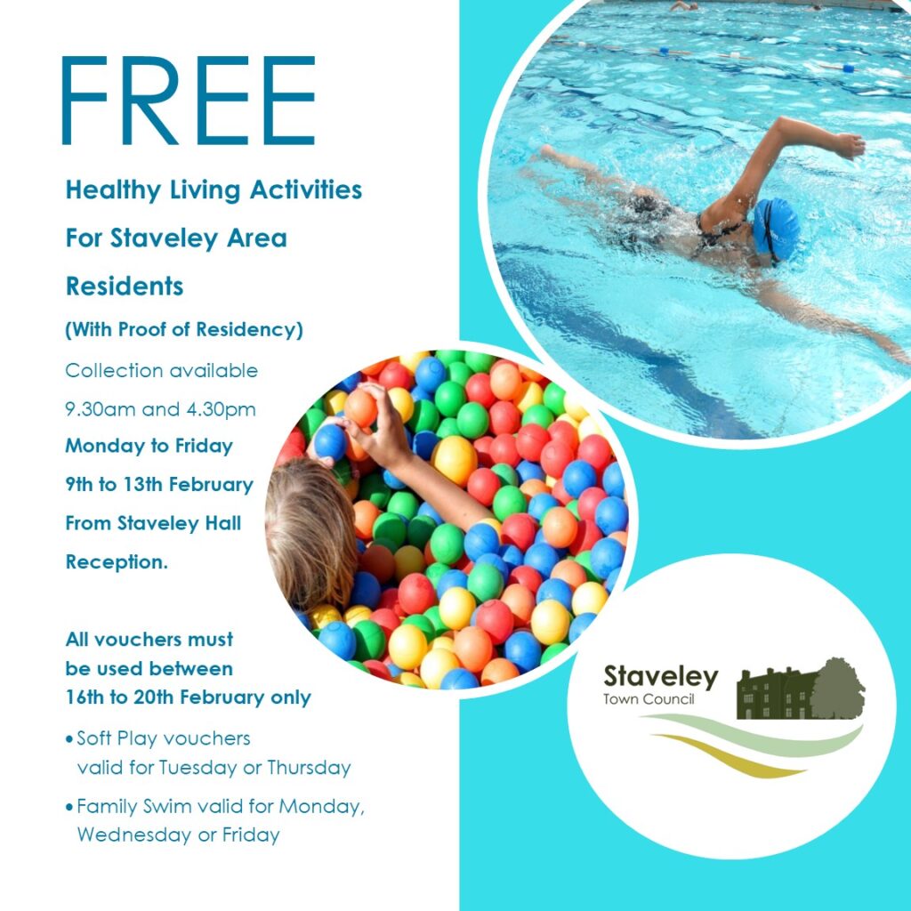 free healthy living activities for staveley area residents vouchers available between 9th to 13th February for use at the local healthy living centre between 16th and 20th February 2026 inclusive. Available activities include Soft Play and Family Swim.