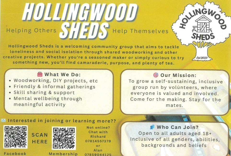 Hollingwood sheds a community group to tackle loneliness and social isolation through woodworking, to find out more call Richard on 07814557379